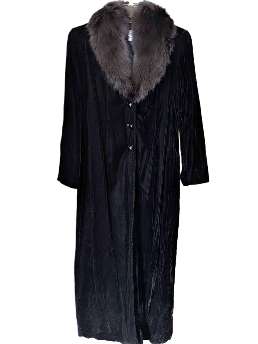 Vintage Ilana Wolf Black Velvet Opera Coat Real Fur Collar L